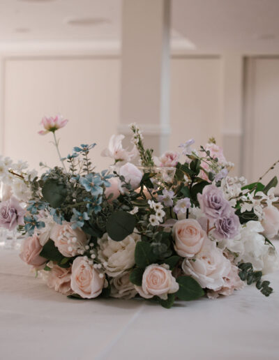 Blush, lilac and dusty blue floral centrepiece