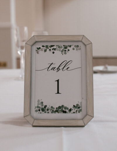 Mirror-edged frame with eucalyptus print table number
