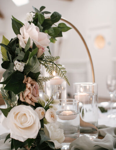 Roses and fern on a gold hoop with sage chiffon